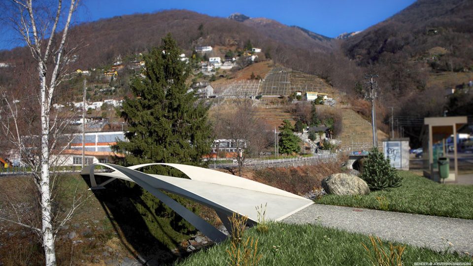 render e inserimento nella fotografia della passerella progettata dall'Ing. Masotti di Bellinzona