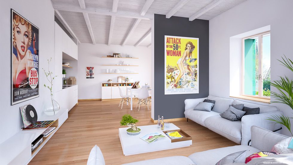 Rendering di interni ed arredamento di design - ristrutturazione vecchio mulino Jussy - Jonathan Sabbadini Giubiasco