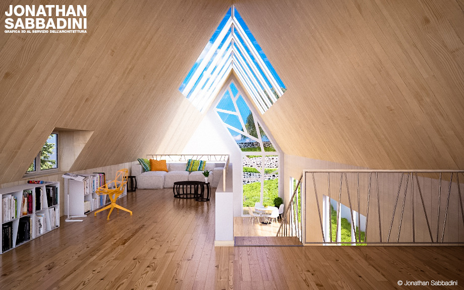 3d render interno di legno e vetro