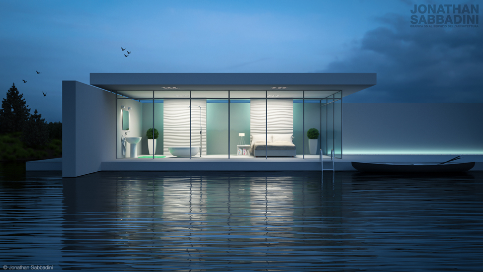 una casa sul lago la sera, visualizzazione architettonica, 3D render